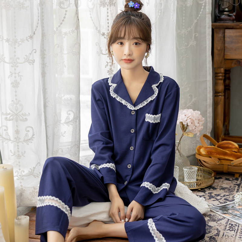 Sleepwear women Fall pure cotton open flap jacket Two sets of autumn and winter models The Korean version Ins wind long sleeve cotton Cotton Home Clothing