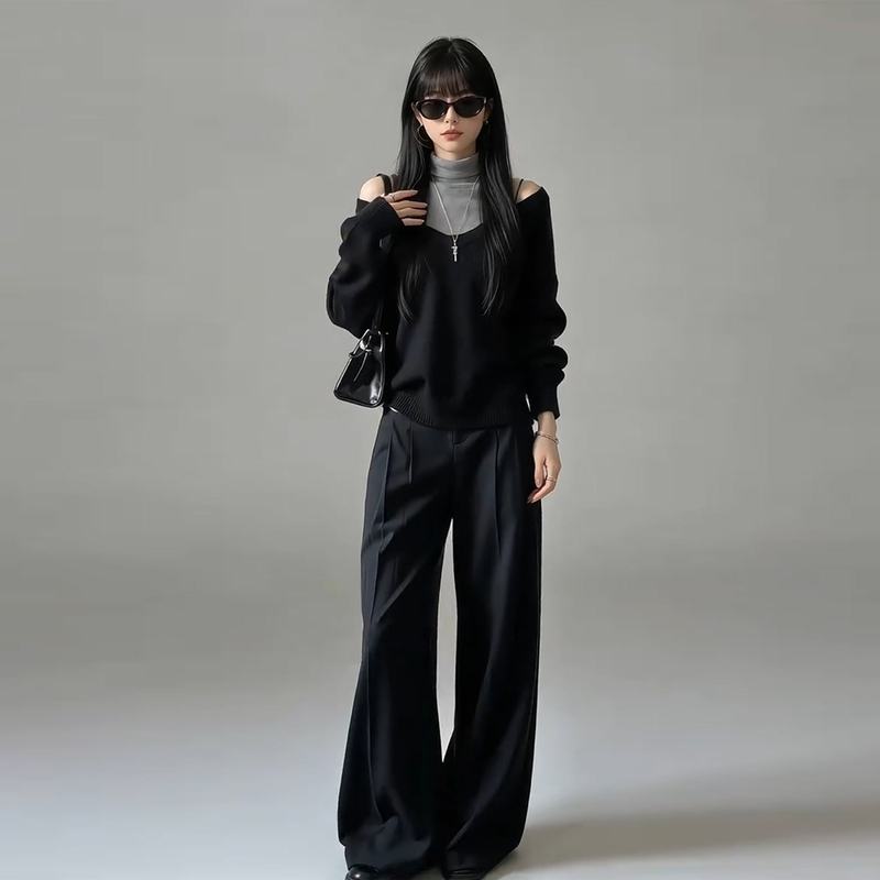 Korean-Style Black Off-Shoulder Top, Vest, Wide-Leg Pants Set for Women, Early Autumn Complete Slimming Outfit Three-Piece Set Korean-Style Black Off-Shoulder Top, Vest, Wide-Leg Pants Set for Women, Early Autumn Complete Slimming Outfit Three-Piece Set