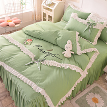 Korean ins Princess style double lace four-piece set Cotton pure cotton girl heart sheets Bed skirt duvet cover quilt cover