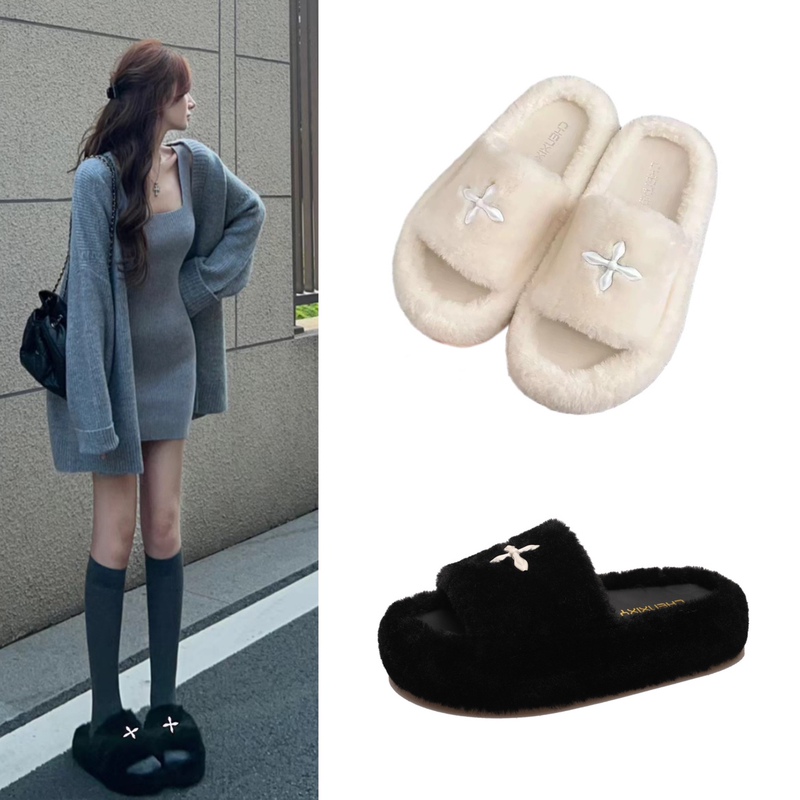 New Autumn and Winter Furry Slippers with Cross Design, European Style Versatile Fashion Korean Version Outdoor Thick-Soled Furry Slippers