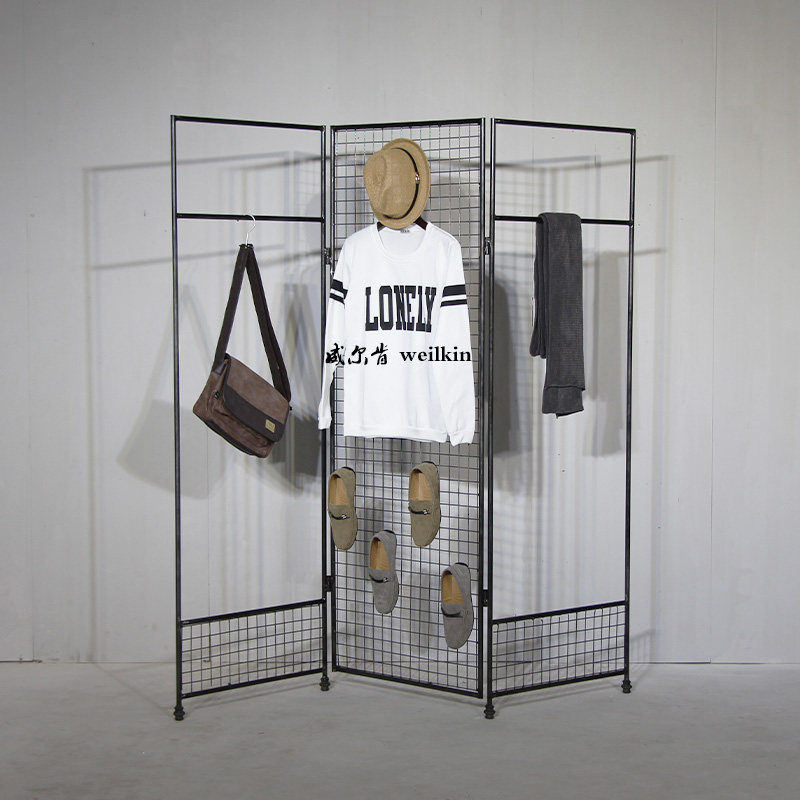 Male Clothing Store Loft Iron Mesh Show Hanging Clothes Rack Landing Style Display Middle Island Shelf Folding Screen Windows