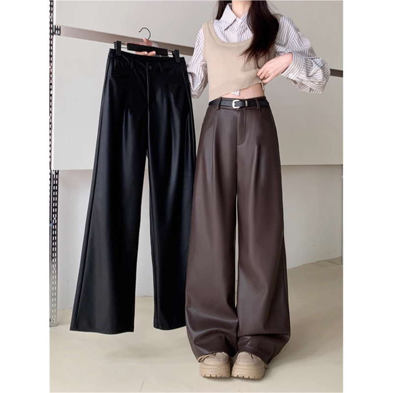 Plus-Size High-Waisted Pu Leather Wide-Leg Pants for Women, Spring and Autumn, Slimming, Covering the Hips, Floor-Length Straight-Leg Leather Pants