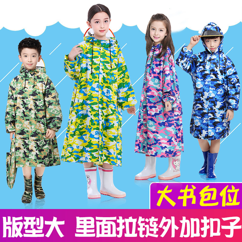 Children's Raincoat for Boys with Large Brim, for Girls, Elementary School Students, Older Children, with Space for a School Bag, Camouflage Rain Poncho for Kids