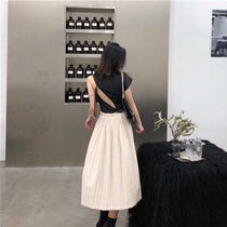 Walkindark] Heavy work show field design sense asymmetrical black satin collared skirt irregular open-back dress