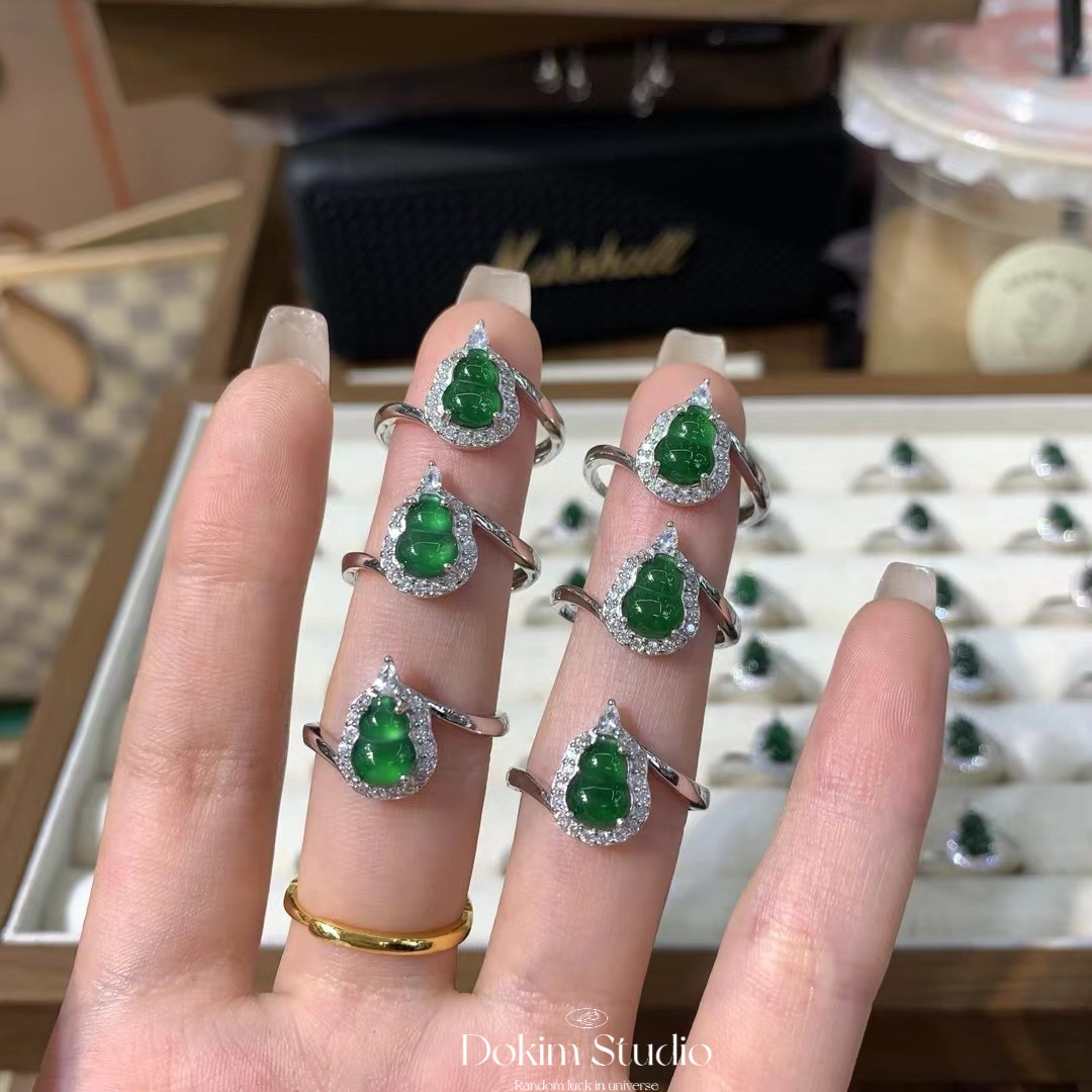 S925 sterling silver natural dangerous material A goods jade ring noble green gourd new Chinese style national style jewelry gift set