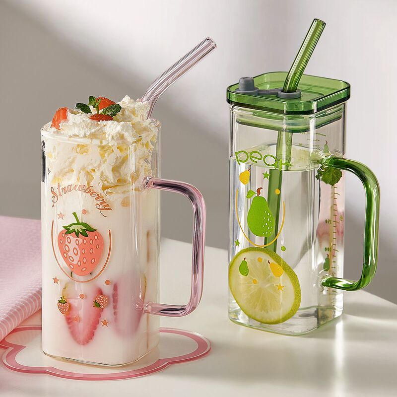 High Borosilicate Colored Glass Cup with Handle, High Aesthetic Water Cup, ins Milk Straw Cup, Juice Cup, Square Shape, High Temperature Resistant