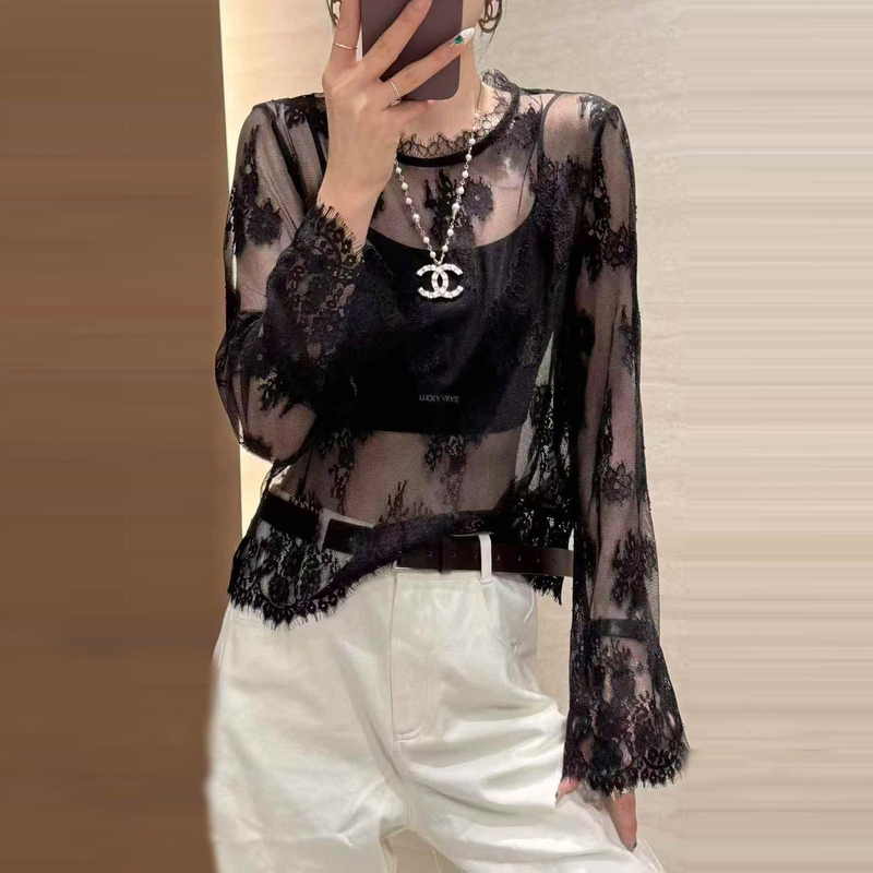 Layered Lace Blouse for Women, Spring and Autumn, Sexy Sheer Mesh Loose Base Shirt, Long-Sleeved Sun Protection Top