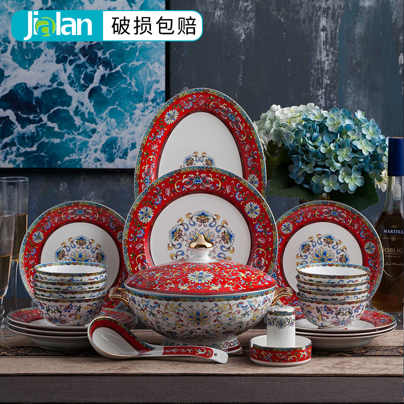 Full set of bowls and plates Set Full set of cutlery Household wedding chopsticks set 10 gift boxes Enamel color wedding