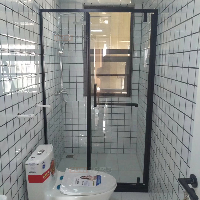 Minimalist bathroom glass partition flat door stainless steel word opening and closing mask door Powder room Tempered glass shower room