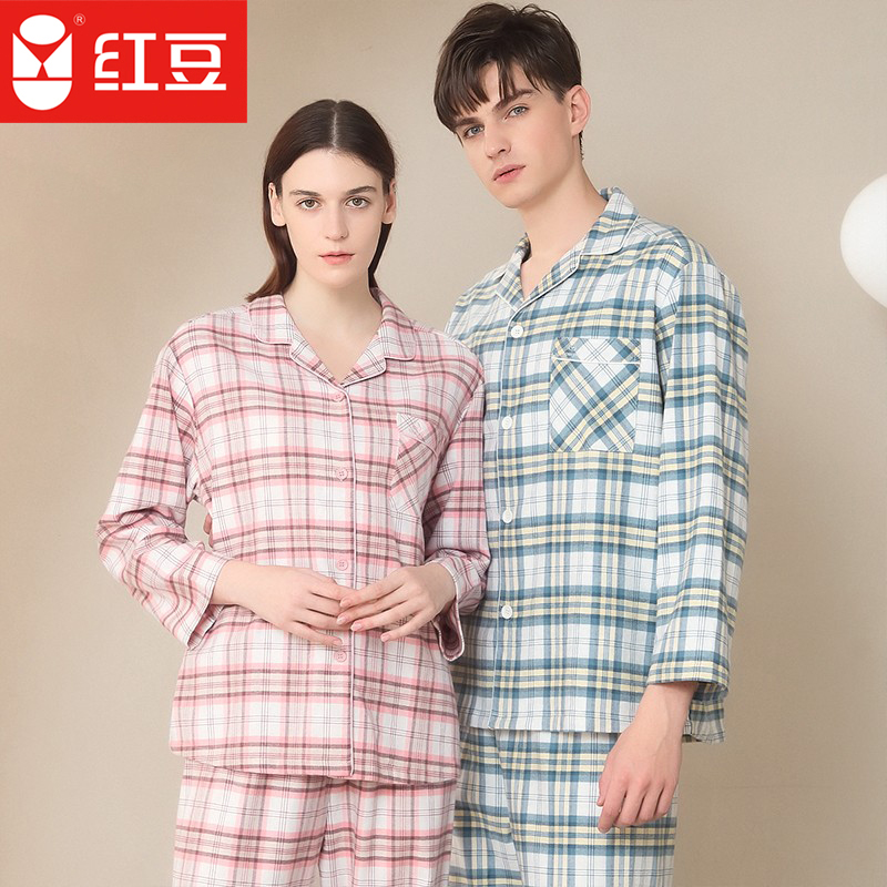 Red bean spring and autumn long sleeves cotton brushed couple pattern home clothes set women's woven simple loose plaid pajamas