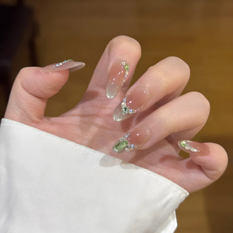 Purely Handmade Wearable Nail Art for Summer, Aurora Cat Eye Green Crushed Diamond Nail Stickers, High-End Pure Handmade Nail Art