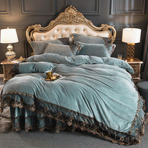 European-style padded crystal velvet bed skirt four-piece warm flannel bedspread thickened duvet cover 1 8m bed coral velvet