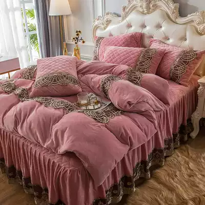 Bed skirt coral velvet four-piece European thick flannel crystal velvet quilt cover warm padded bed cover Falai velvet