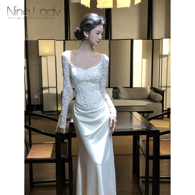 Ninalady French-Style White Heavy-Duty Fishbone Lace Satin Birthday Dress Engagement Banquet Mermaid Light Formal Dress