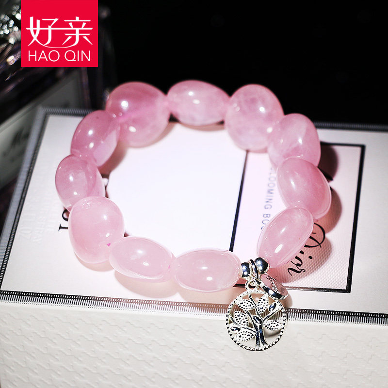 Good pro-natural pink crystal handmade female Peach Blossom Single Circle Heart-shaped Pink Crystal Handstring Japan-ROK s925 silver Birthday Gift