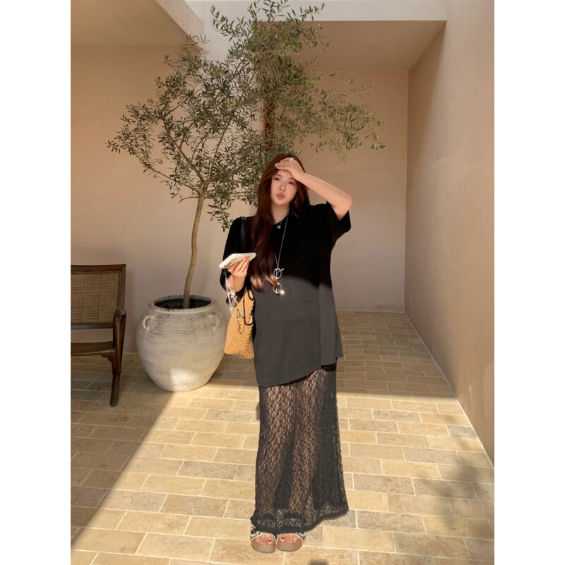 Wang Grape's Slightly Plus-Size Dress That Hides the Body and Makes You Look Slimmer, Minimalist Style T-Shirt Dress, Lace See-Through Long Dress Dm1555