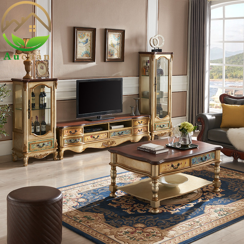 American Countryside Solid Wood TV Cabinet Tea Table Side Cabinet Wine Cabinet Wine Cabinet high and low cabinet Composition Mediterranean Style Living room suit