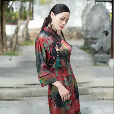 Xi Hanyue {Man Gong Flower} Heavy Forged Fragrant Cloud Yarn Cheongsam Female Long Edition Premium Vintage Heavy Industry Autumn 2021 New