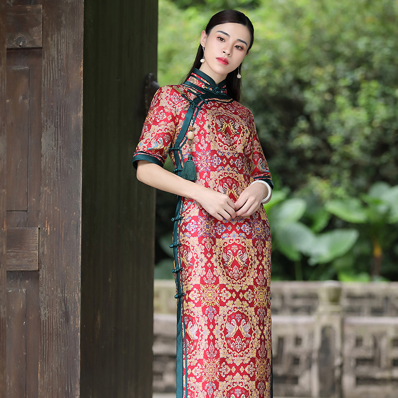 Xi Han Yue Red Song Jin Silk Four Famous Brocade Handmade High Grade Cheongsam Women's Autumn Wedding Banquet Traditional elegance