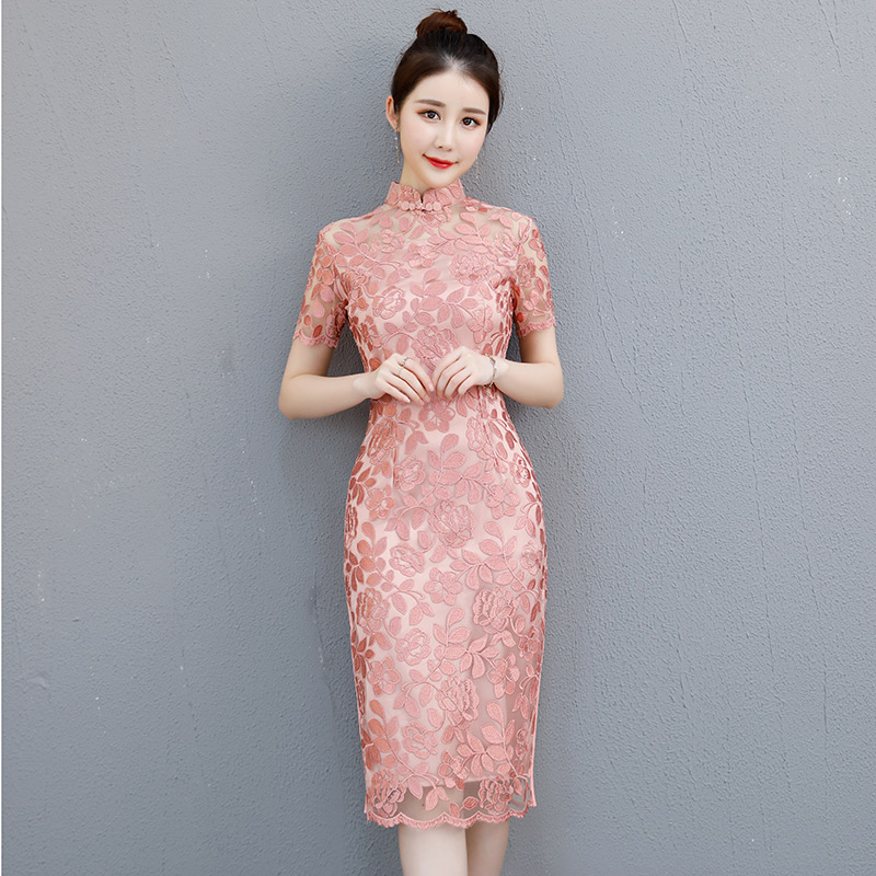 Erosion Bone Cheongsam Young middle country Wind Girls retro short sleeves lace Daily Qipao Style Foreign Dress Mid-Length