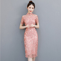 Erosion bone cheongsam young Chinese style girl retro short sleeve lace daily cheongsam dress long