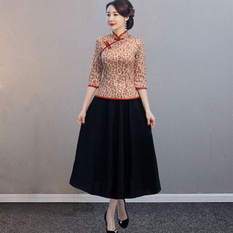 Improved cheongsam women's autumn dress 2022 new women's retro medium and long-sleeved Tang suit mother's top two-piece dress