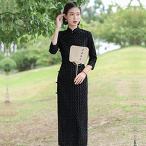 Green long cheongsam autumn and winter clothes 2021 new young women retro slim long sleeve temperament dress