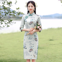 Medium long cheongsam 2021 new young female retro slim long sleeve modified dress autumn and winter