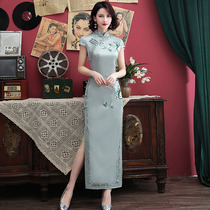 Embroidered long cheongsam 2021 new young women retro etiquette catwalk performance improved dress summer