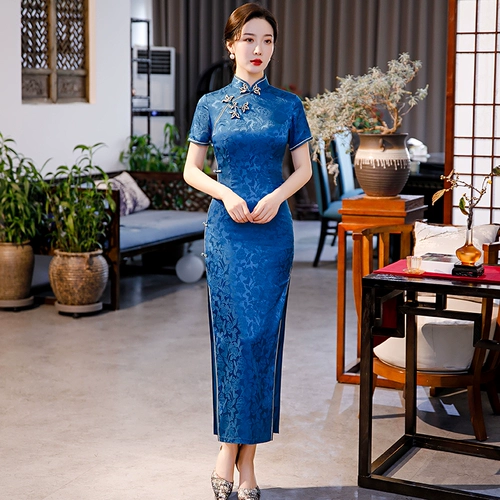 Синее длинное легкое ретро летнее ципао, 2024 года, светлый стиль, яркий броский стиль, изысканный стиль