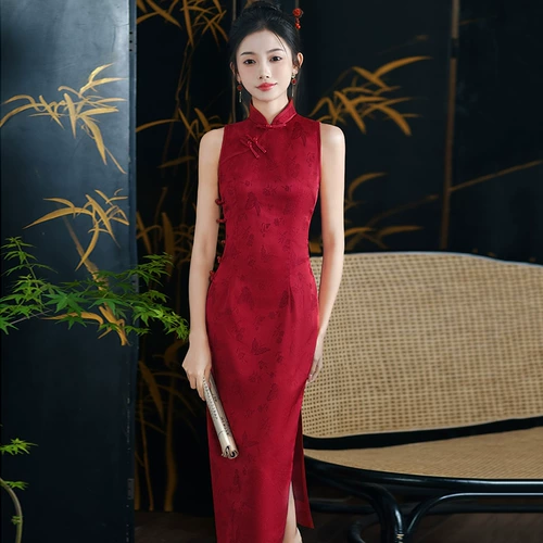 Красное ципао без рукавов, легкий сексуальный приталенный корсет, свадебное платье, китайский стиль, светлый стиль