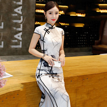 Ink painting long cheongsam 2021 new young girl retro catwalk performance improved dress summer