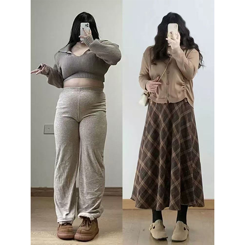 Plus-Size Retro Plaid A-Line Skirt for Women, Autumn and Winter 100kg Large Size Melard Style High-Waisted Loose Long Skirt