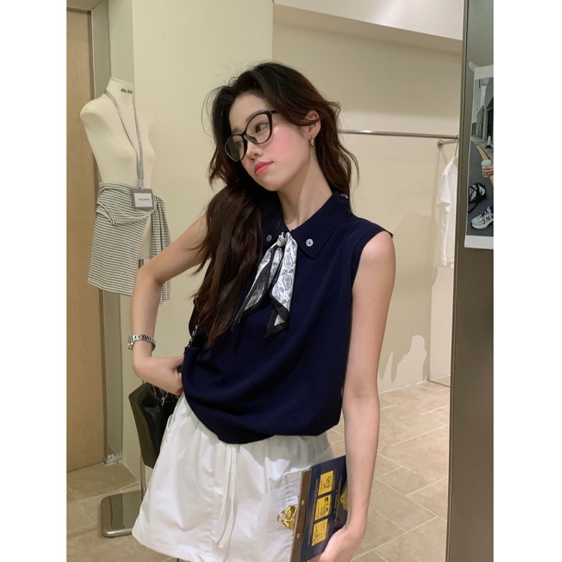 Navy Blue Polo Collar Silk Scarf Tie Ice Silk Knitted Vest for Women 2026 Summer New Style High-End Sleeveless Top