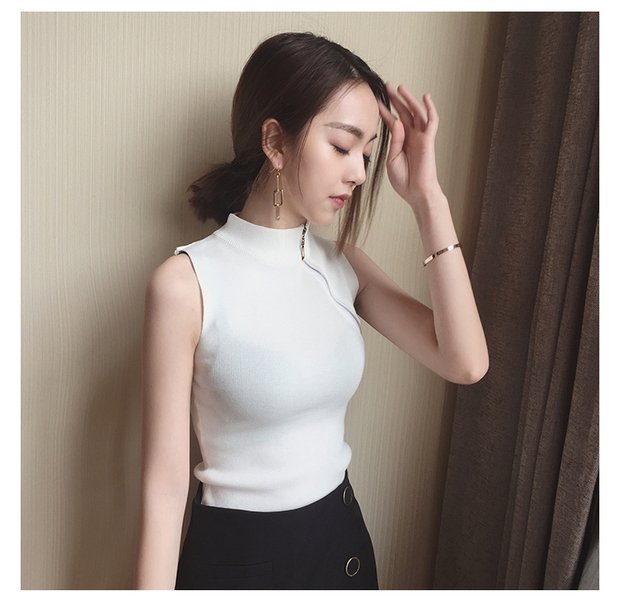 Hộp đêm gợi cảm của phụ nữ nhỏ cổ cao chéo chéo dây kéo phần mỏng len mùa hè áo len nữ không tay vest bó sát áo len nữ cổ cao