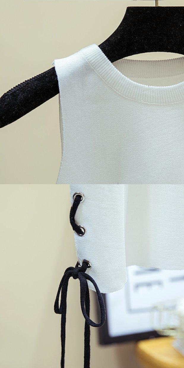 Mùa hè phiên bản mới của Hàn Quốc tự tu luyện bên quai áo vest nữ ngắn gợi cảm rốn đan đáy áo thủy triều áo len nữ