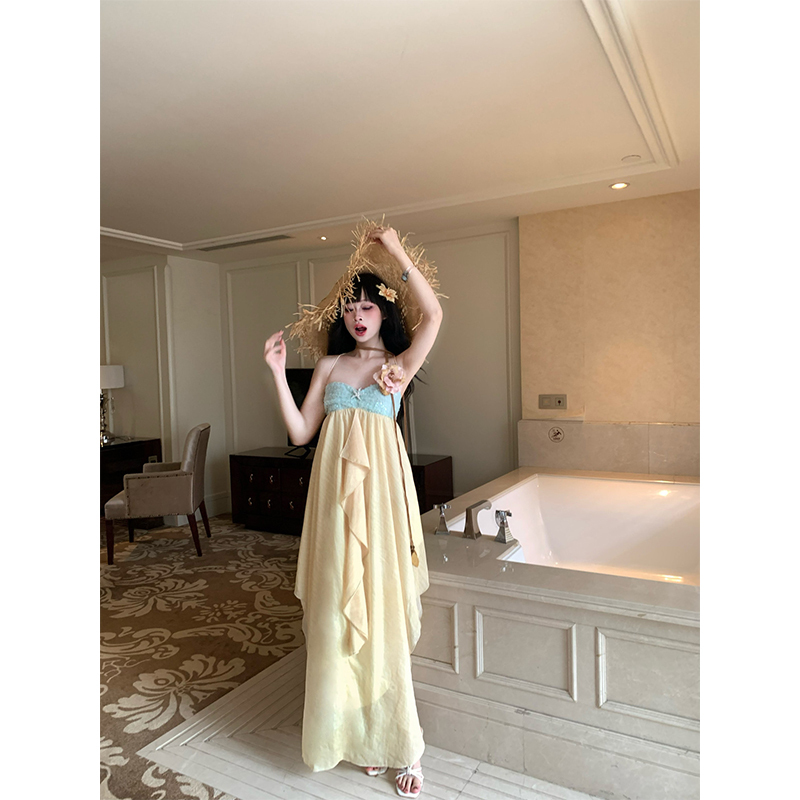 Gege Shop Seaside Vacation Gentle Style Backless Spaghetti Strap Dress Niche Irregular Elegant Long Dress