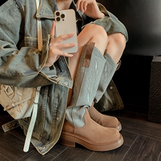 Западные Boots 甜心牛仔！潮酷拼色刺绣绒面厚底高筒西部靴女圆头粗跟显瘦骑士靴