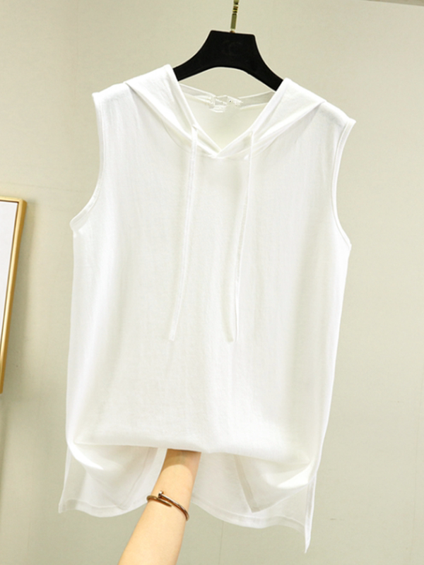 Loose Hooded Vest for Women, Summer Thin Sleeveless T-Shirt, Pure Cotton White Split Hem Base Shirt, Versatile Plus-Size Top t