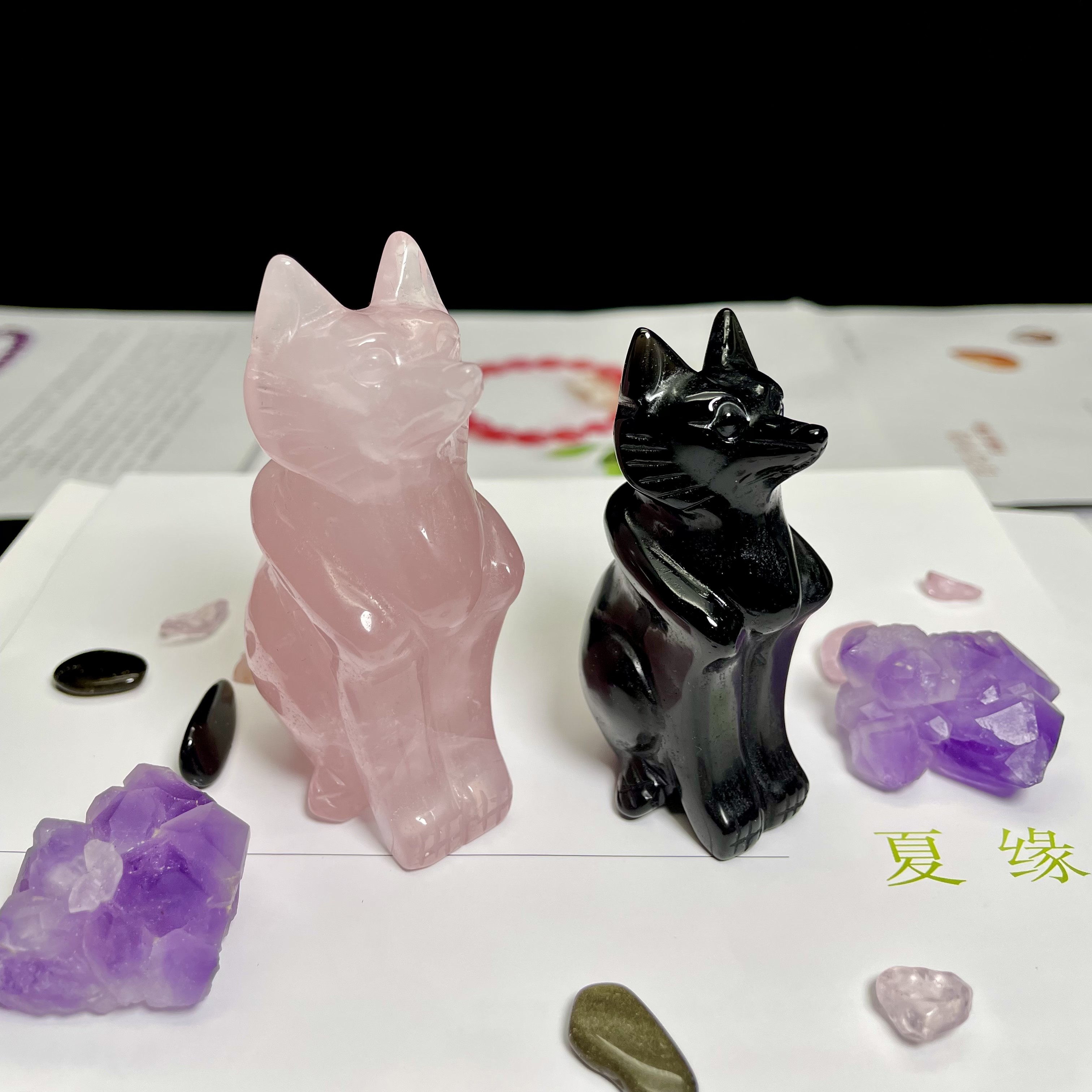 Natural Powder Crystal Hibiscus Stone Fox Fox Ornament Home Living Room Bedroom Bed Head Cabinet Decoration Office Desktop Pendulum