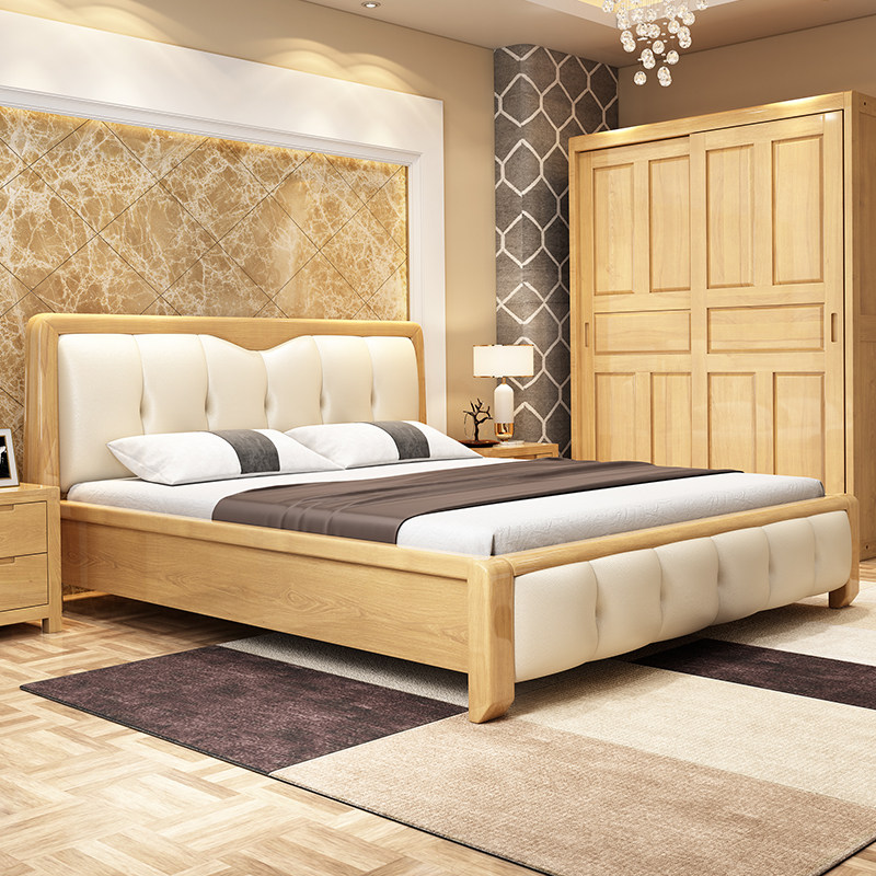 Full solid wood modern soft bag double bed Nordic minimalist main beech wood leather bed 1 51 8 m Wedding bed QC