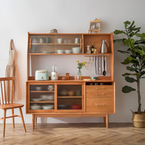 Nordic solid wood dining side cabinet Modern simple solid wood one-piece wall high cabinet shelf Household Japanese cupboard simple