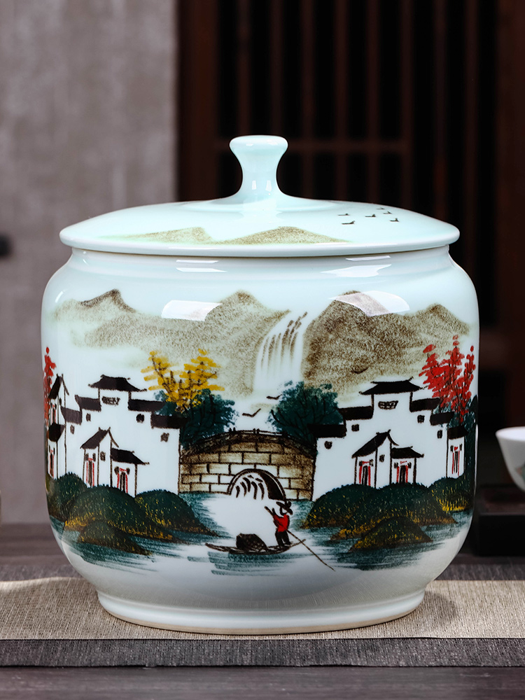 Caddy fixings ceramic seal pot store receives a large blue and white porcelain tea pot of pu 'er tea cake tin tea set