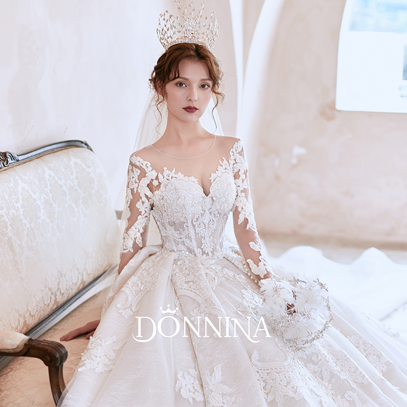 Main Wedding Dress 2022 New Trailing temperament Long sleeves Slim Starry Sky High End Small Child Bride Eurostyle Cover arm