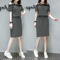 XL nữ mùa hè 2018 phiên bản Hàn Quốc mới của chiếc váy sọc MM chất béo sọc ren là eo thon nữ áo thu đông nữ