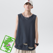 Oversized neckline T-shirt trend loose Joker hole sleeveless T-shirt big round neck wide side vest foreign boy