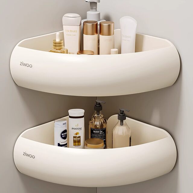 German Precision-Made Cream-Colored Bathroom Shelf, Arc-Shaped Triangular Basket Rack, No-Drill Corner Storage Rack for Bathroom