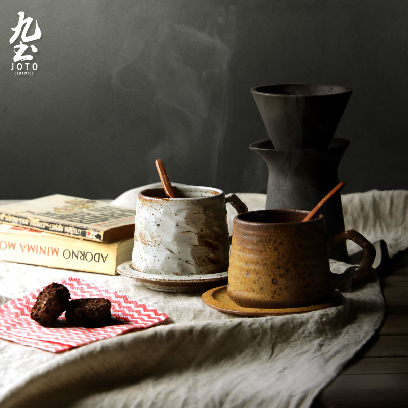 Nine earth coarse pottery coffee cup and saucer set Handmade Japanese retro coffee cup Art cup Ceramic hand-brewed coffee cup