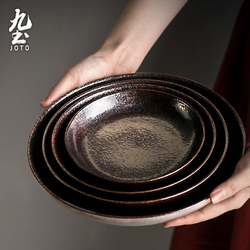 Nine earth pottery Japanese tableware literary art soup rice bowl Japanese ramen bowl vintage simple home personal black basin flat plate