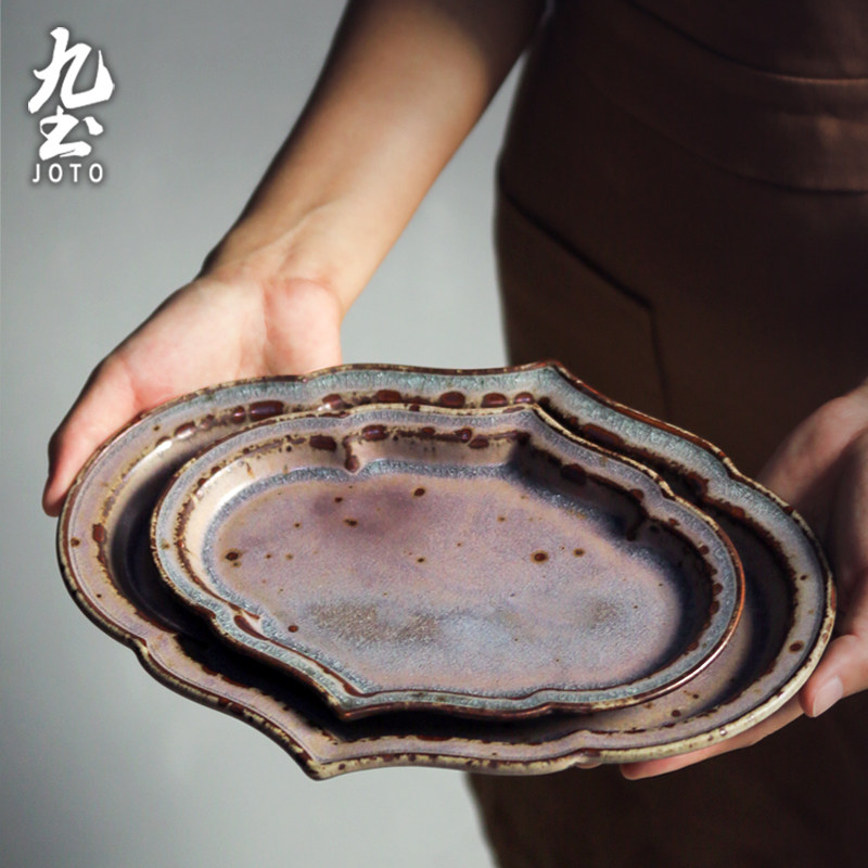Nine-earth-style hand-crafted coarse pottery retro dinner plate Home Ceramic Dishes Creative Small Fish Dish Dishes Dish Western cutlery